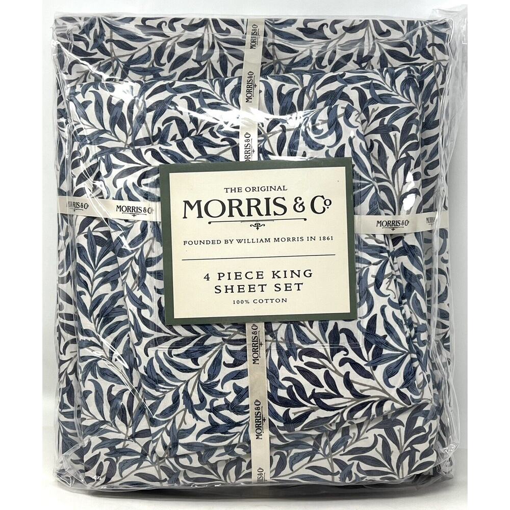 William MORRIS & CO KING Sheet Set Steel Blue All Cotton 4 pcs NIP